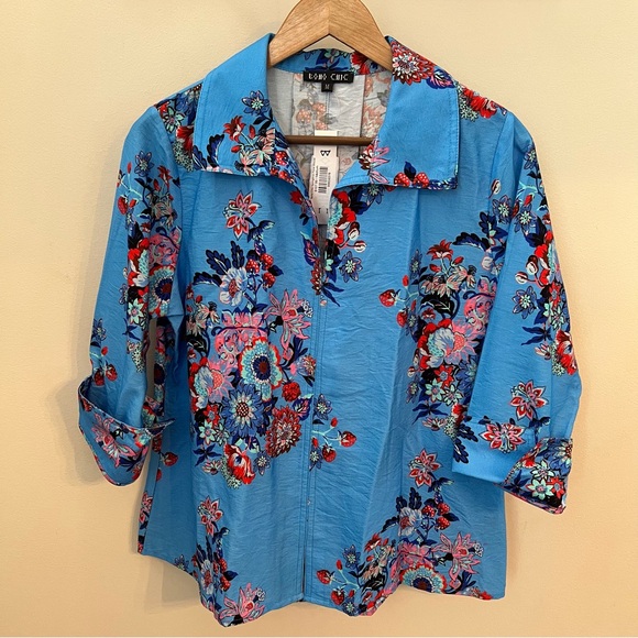BOHO CHIC Women’s Blue Springtime Floral Blouse 3/4 Sleeves Size Medium - Picture 1 of 7